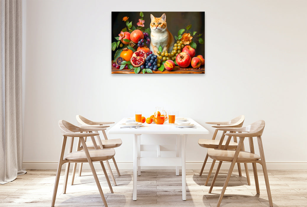 Premium Textil-Leinwand Katzenporträt mit üppigem Obst im Stil alter Meister