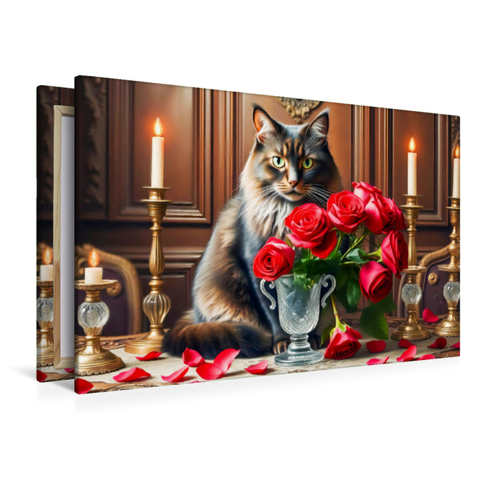 Premium Textil-Leinwand Katze hinter Rosenstrauß mit Kerzen auf Gründerzeit-Tisch