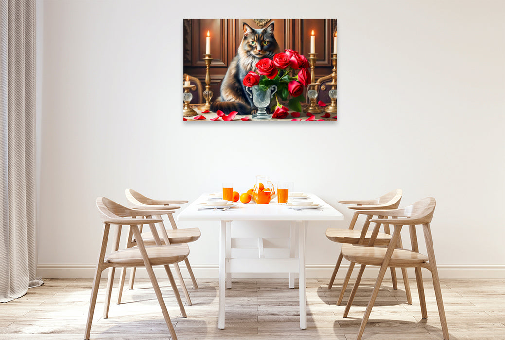 Premium Textil-Leinwand Katze hinter Rosenstrauß mit Kerzen auf Gründerzeit-Tisch