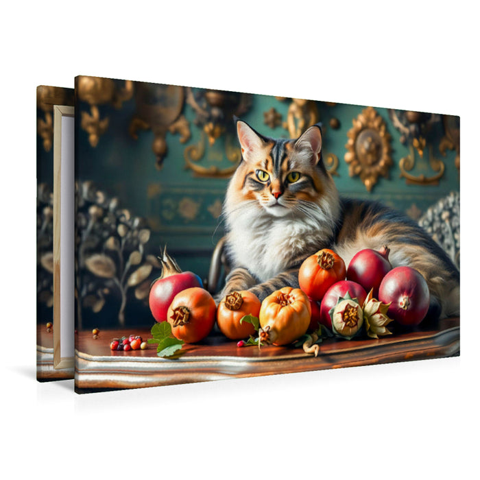 Premium Textil-Leinwand Katze auf Gründerzeit-Tisch mit reifem Obst