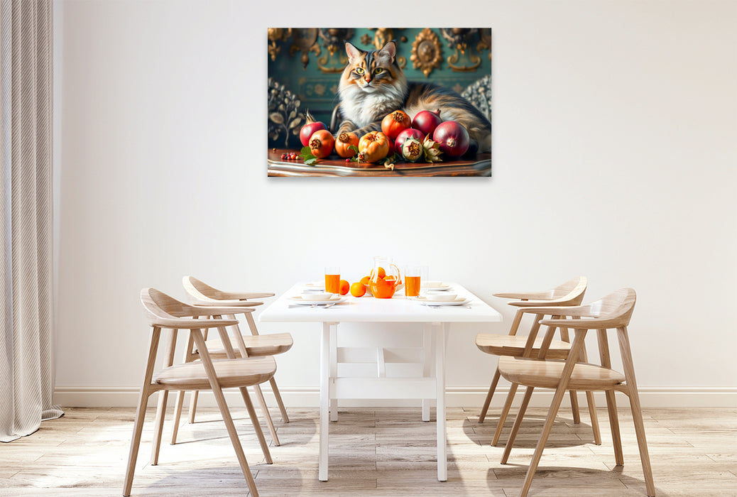 Premium Textil-Leinwand Katze auf Gründerzeit-Tisch mit reifem Obst