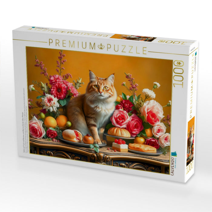Katze auf Tisch mit Blumen und Obst im Stil der Alten Meister - CALVENDO Foto-Puzzle'
