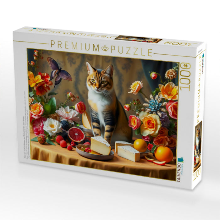 Katze auf Tisch mit Blumen und Obst im Stil der Alten Meister - CALVENDO Foto-Puzzle'