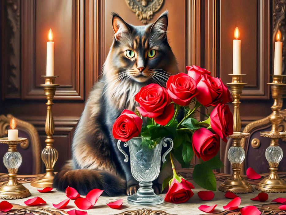 Katze hinter Rosenstrauß mit Kerzen auf Gründerzeit-Tisch - CALVENDO Foto-Puzzle'