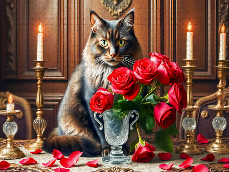 Katze hinter Rosenstrauß mit Kerzen auf Gründerzeit-Tisch - CALVENDO Foto-Puzzle'
