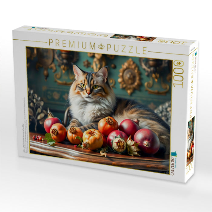 Katze auf Gründerzeit-Tisch mit reifem Obst - CALVENDO Foto-Puzzle'