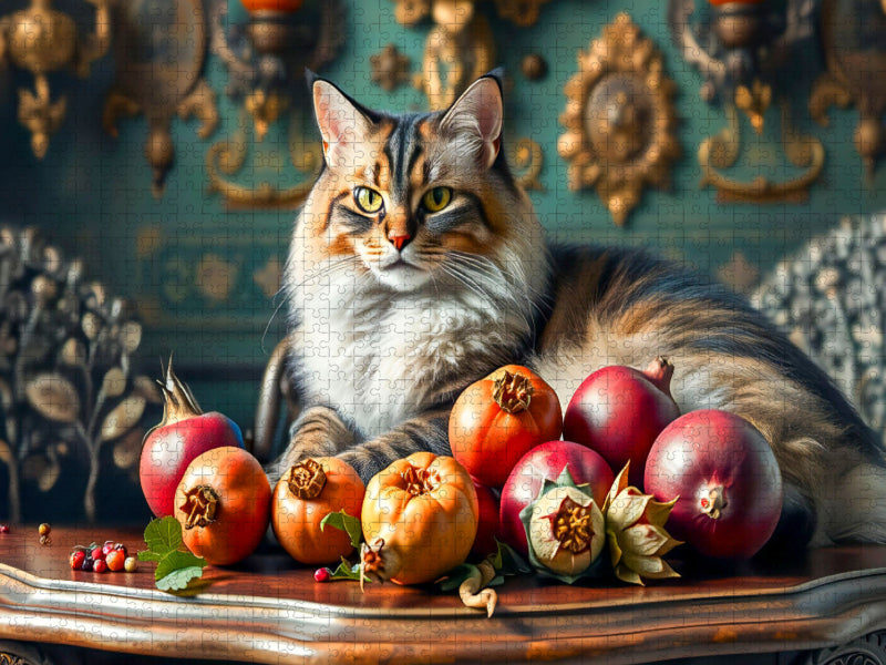 Katze auf Gründerzeit-Tisch mit reifem Obst - CALVENDO Foto-Puzzle'