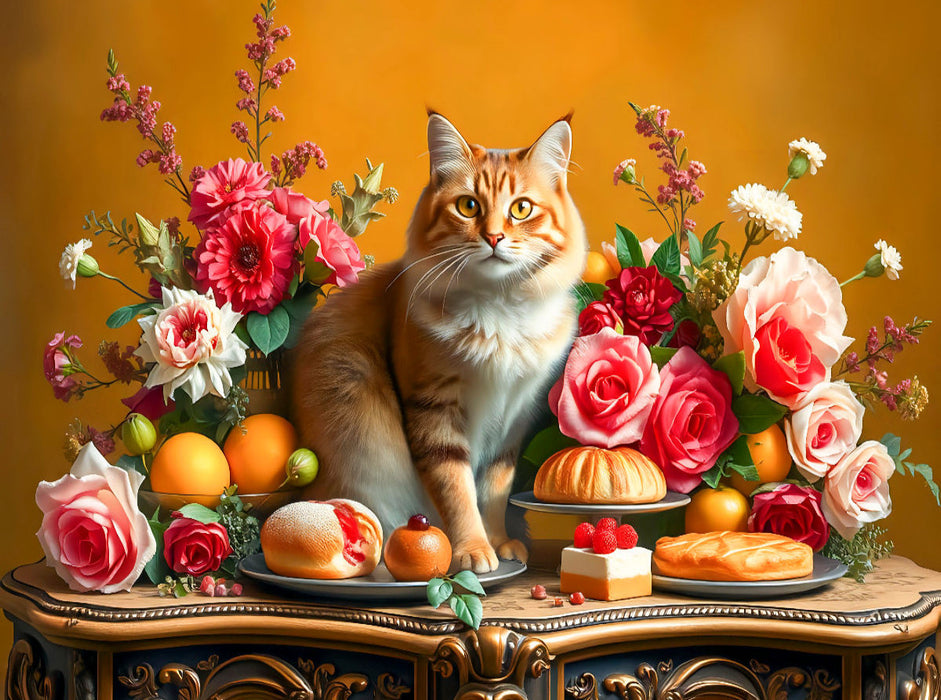 Katze auf Tisch mit Blumen und Obst im Stil der Alten Meister - CALVENDO Foto-Puzzle'