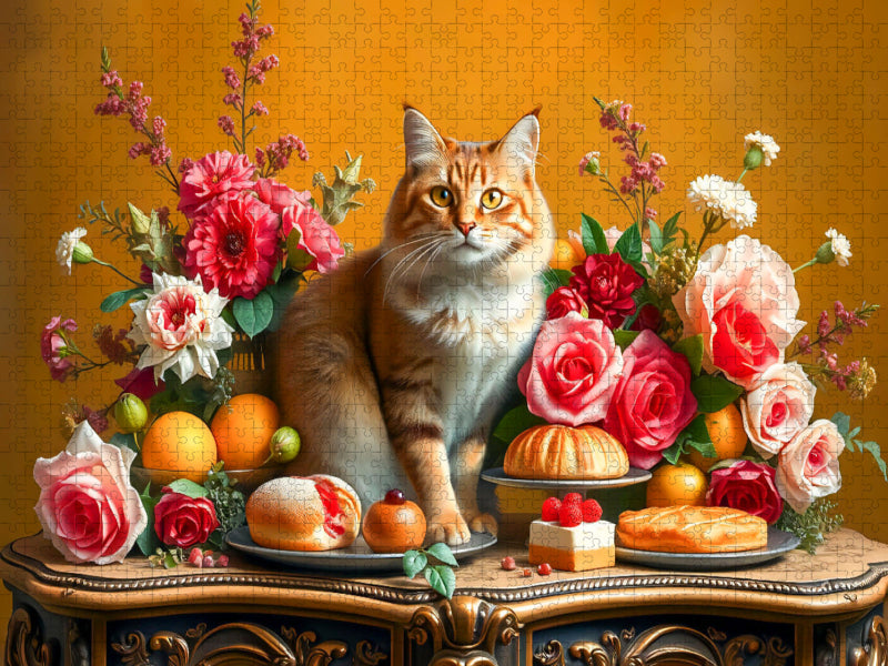 Katze auf Tisch mit Blumen und Obst im Stil der Alten Meister - CALVENDO Foto-Puzzle'