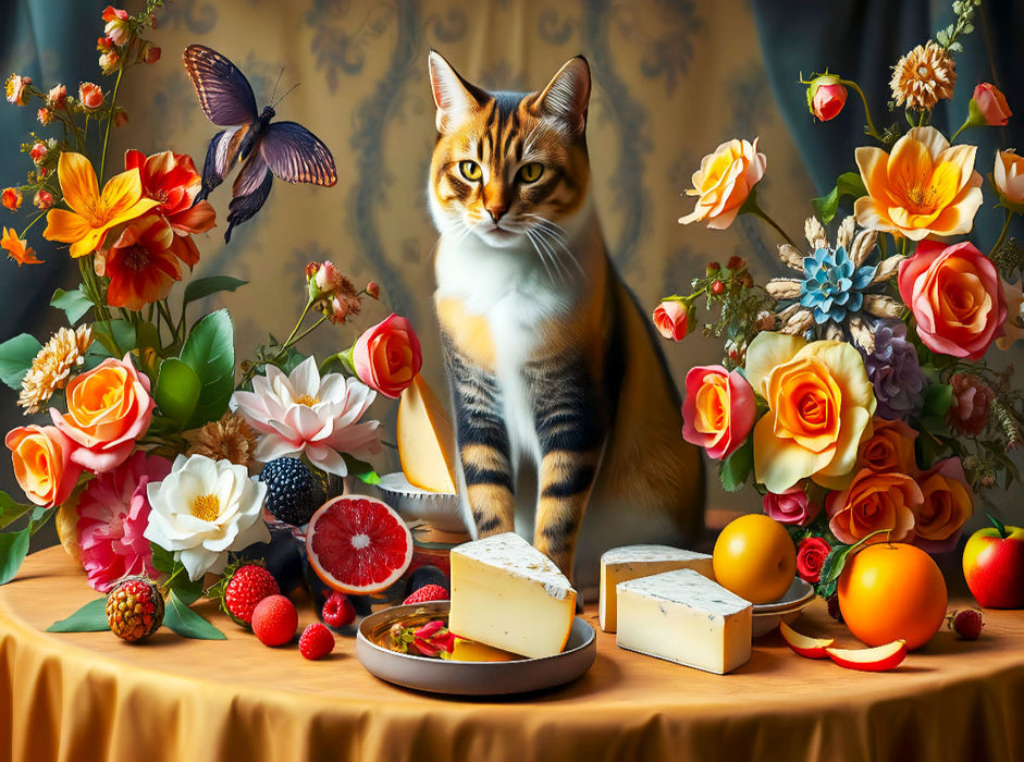 Katze auf Tisch mit Blumen und Obst im Stil der Alten Meister - CALVENDO Foto-Puzzle'