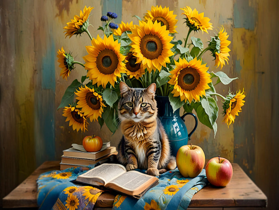 Katze mit üppigem Sonnenblumenstrauß - CALVENDO Foto-Puzzle'