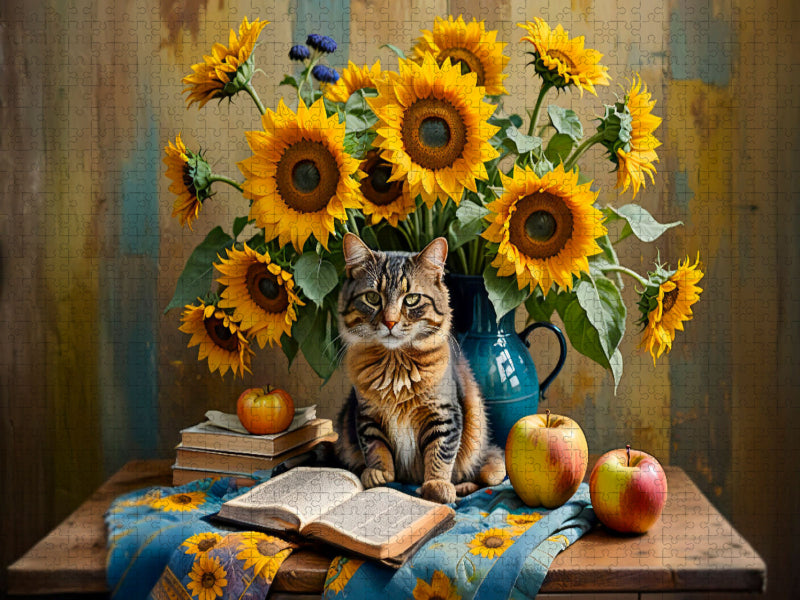 Katze mit üppigem Sonnenblumenstrauß - CALVENDO Foto-Puzzle'