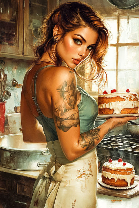 Premium Textil-Leinwand Ein Motiv aus dem Kalender Tattoo Girls und Torten