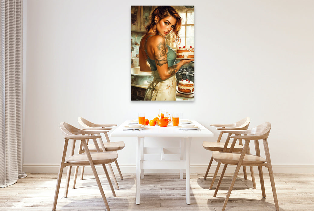 Premium Textil-Leinwand Ein Motiv aus dem Kalender Tattoo Girls und Torten