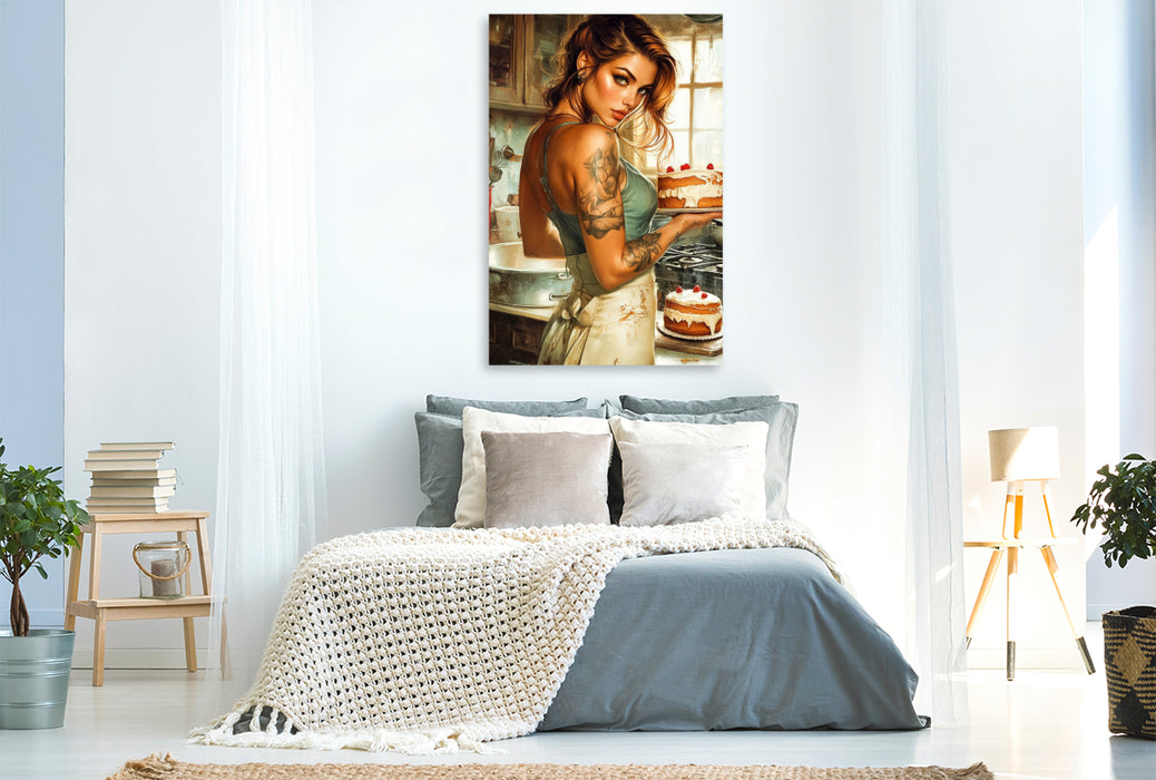 Premium Textil-Leinwand Ein Motiv aus dem Kalender Tattoo Girls und Torten