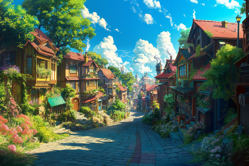 Premium Textil-Leinwand Auf dem Weg in die Stadt - Anime Dorflandschaft