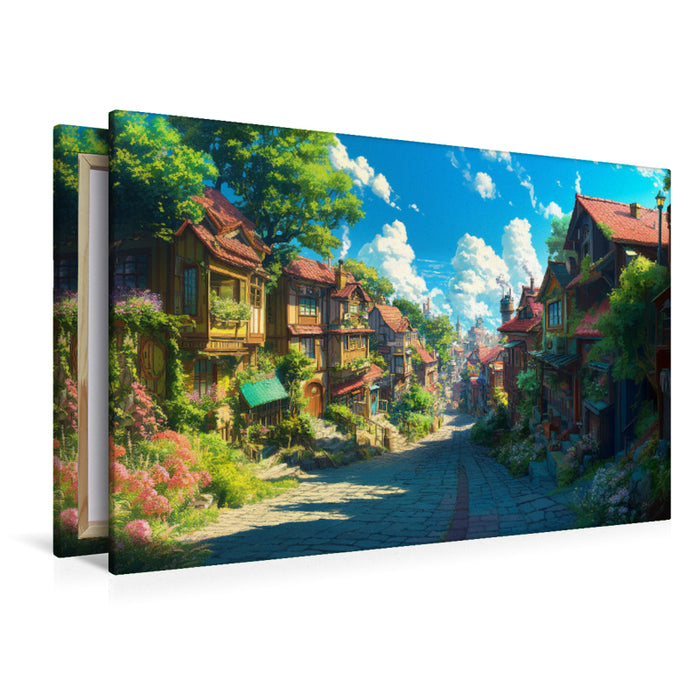 Premium Textil-Leinwand Auf dem Weg in die Stadt - Anime Dorflandschaft
