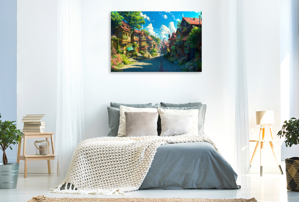 Premium Textil-Leinwand Auf dem Weg in die Stadt - Anime Dorflandschaft