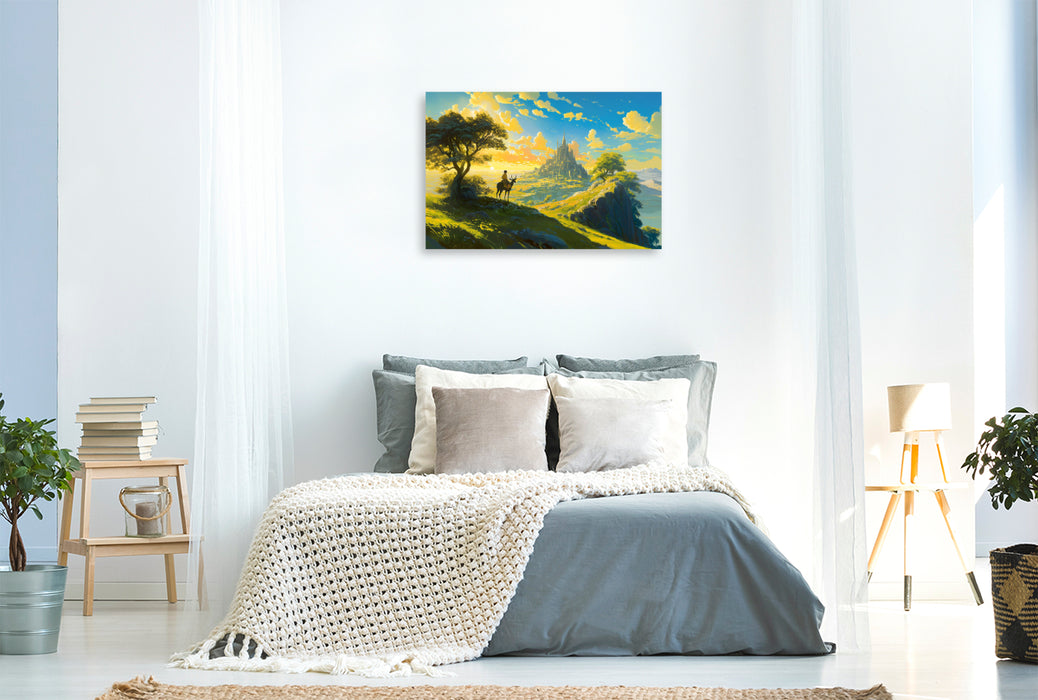 Premium Textil-Leinwand Fast am Ziel - Reiter in Amine Landschaft