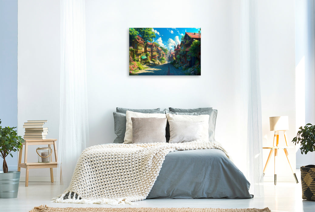 Premium Textil-Leinwand Auf dem Weg in die Stadt - Anime Dorflandschaft