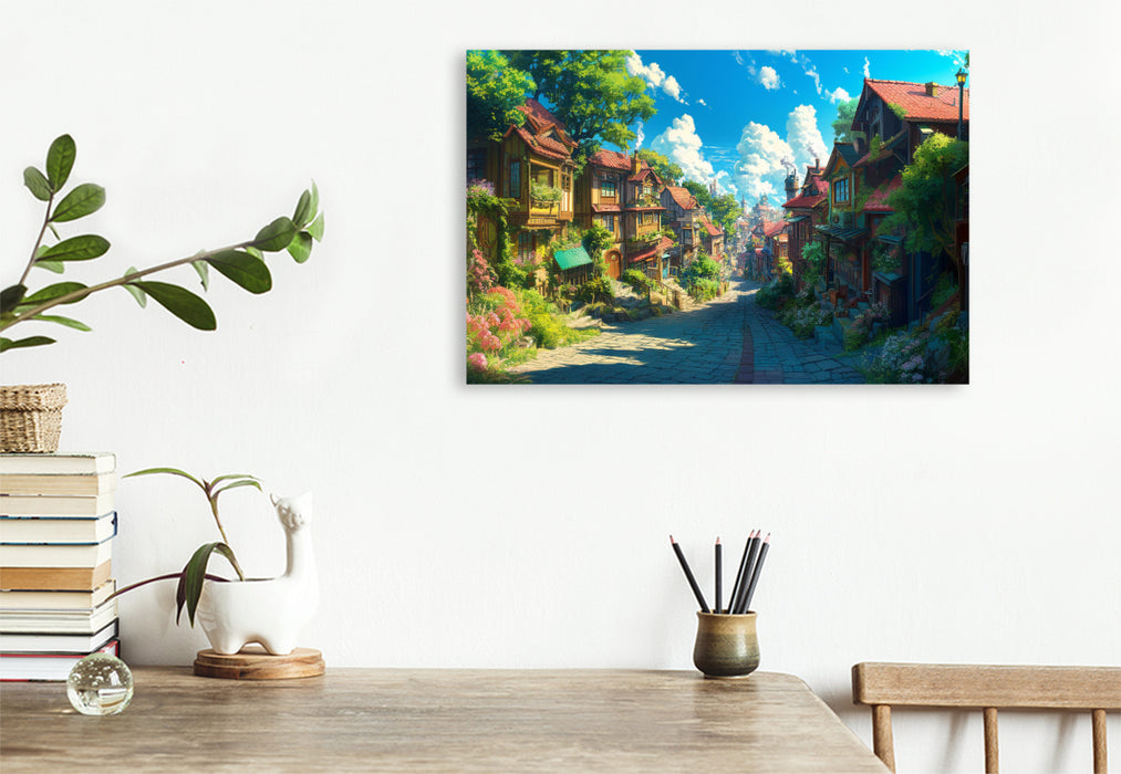 Premium Textil-Leinwand Auf dem Weg in die Stadt - Anime Dorflandschaft