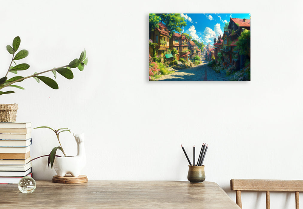 Premium Textil-Leinwand Auf dem Weg in die Stadt - Anime Dorflandschaft