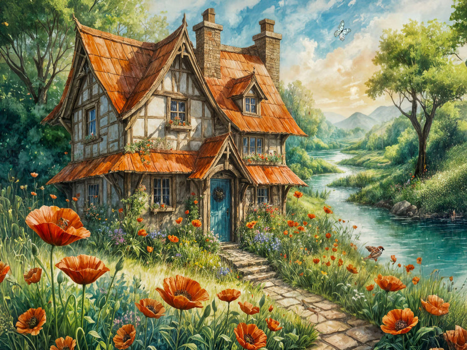 Verträumtes Feenhaus am See mit Mohnblumen - CALVENDO Foto-Puzzle'
