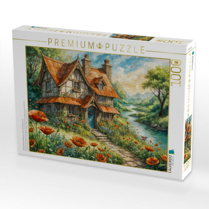 Verträumtes Feenhaus am See mit Mohnblumen - CALVENDO Foto-Puzzle'