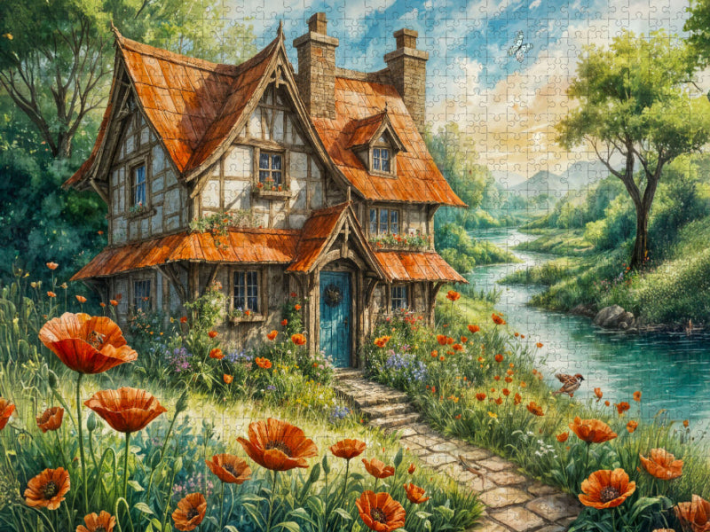Verträumtes Feenhaus am See mit Mohnblumen - CALVENDO Foto-Puzzle'
