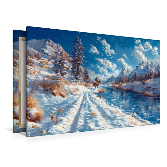 Premium Textil-Leinwand Unbegrenzte Stille - Reiter auf Pferd in Winterlandschaft