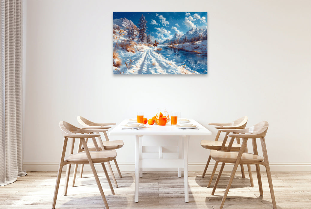 Premium Textil-Leinwand Unbegrenzte Stille - Reiter auf Pferd in Winterlandschaft