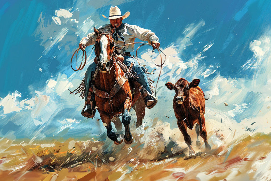 Premium Textil-Leinwand Zielgenau - Cowboy fängt Kalb vom Pferd aus