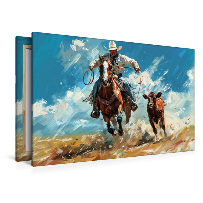 Premium Textil-Leinwand Zielgenau - Cowboy fängt Kalb vom Pferd aus