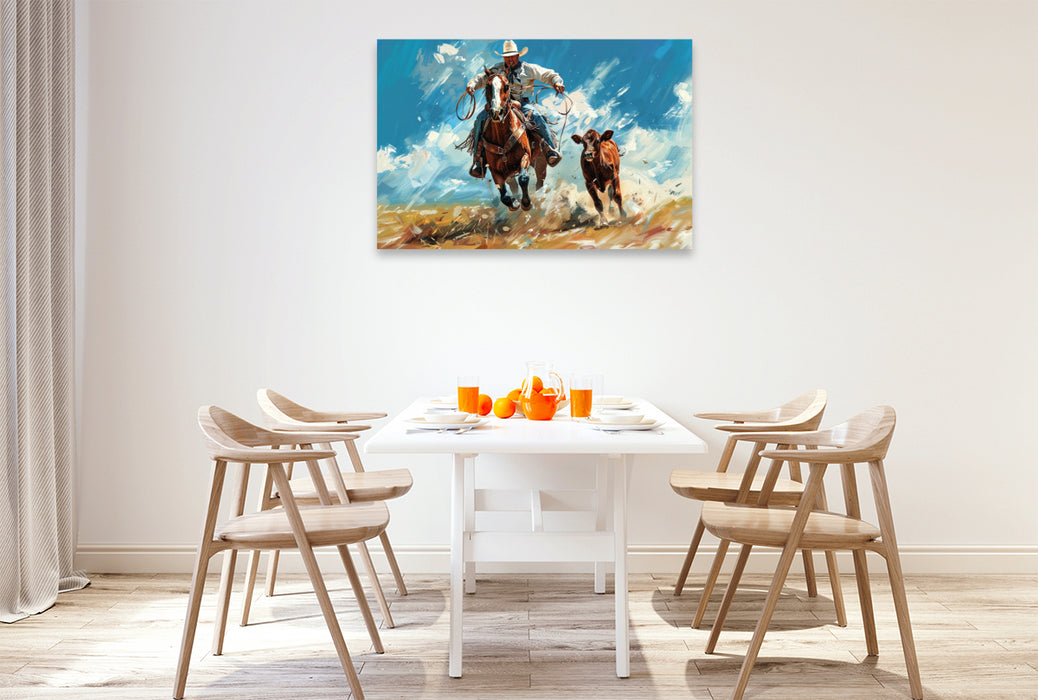 Premium Textil-Leinwand Zielgenau - Cowboy fängt Kalb vom Pferd aus