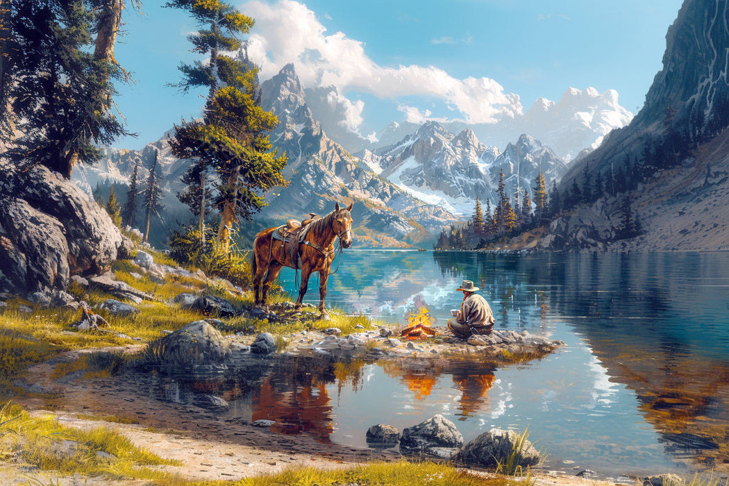 Premium Textil-Leinwand Ein Abend mit einem Freund - Westernreiter am Lagerfeuer am See