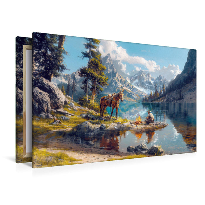 Premium Textil-Leinwand Ein Abend mit einem Freund - Westernreiter am Lagerfeuer am See