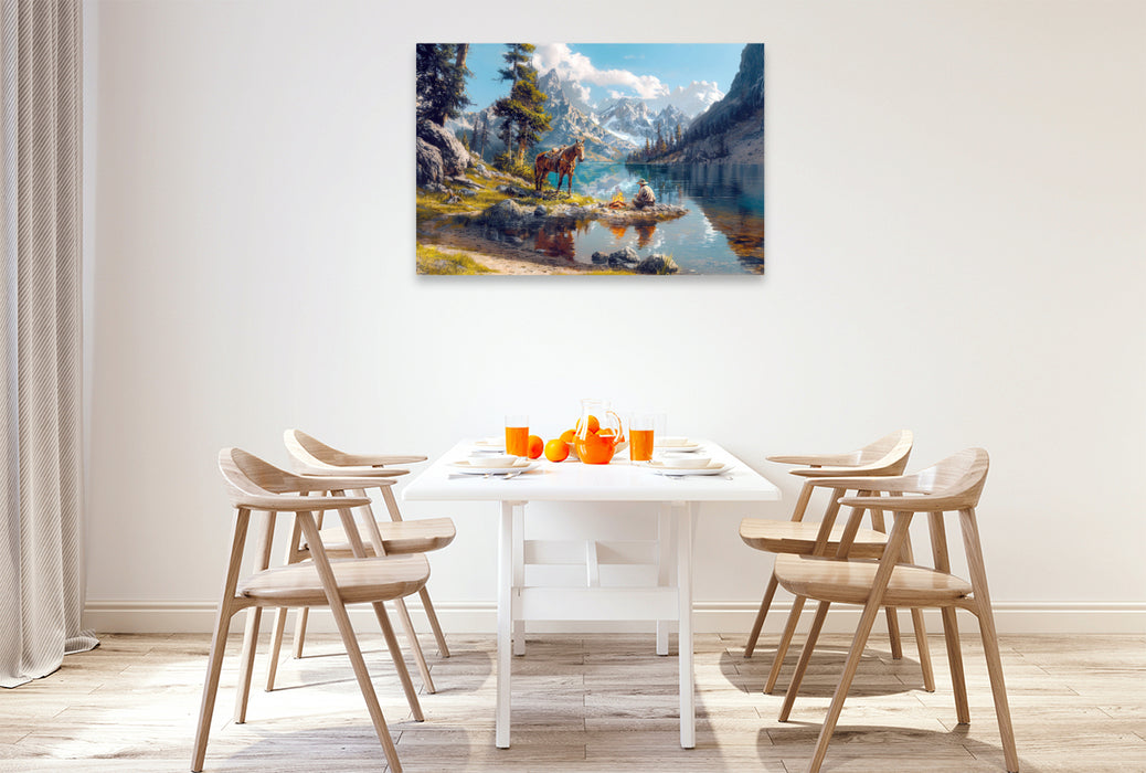 Premium Textil-Leinwand Ein Abend mit einem Freund - Westernreiter am Lagerfeuer am See