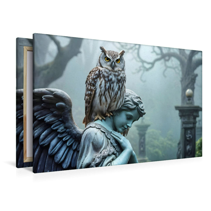 Premium Textil-Leinwand Hüterin des Wissens - HD-Leinwand „Eule auf Engelstatue“
