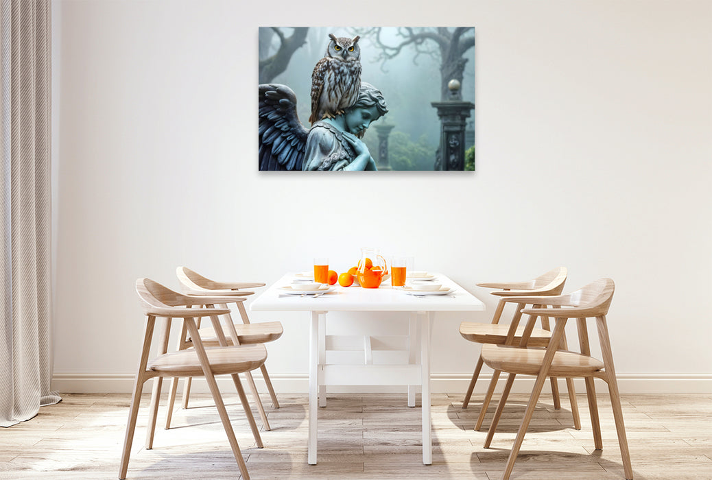 Premium Textil-Leinwand Hüterin des Wissens - HD-Leinwand „Eule auf Engelstatue“