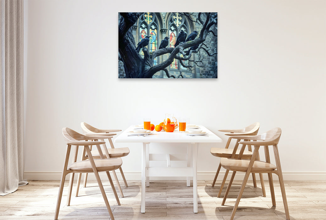 Premium Textil-Leinwand Geflüsterte Prophezeiungen - HD-Leinwand „Krähen & alte Kirche“