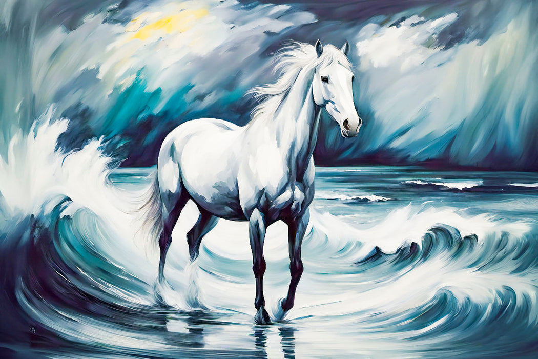 Premium Textil-Leinwand Weißes Pferd in den Wellen