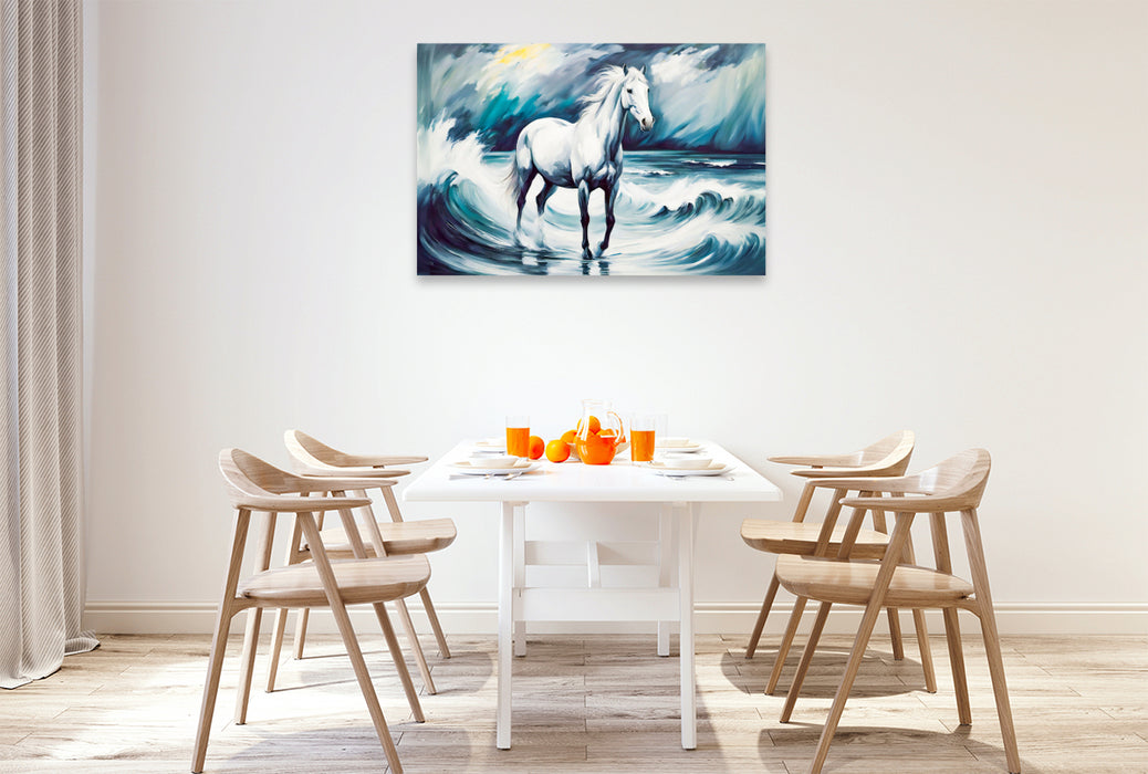 Premium Textil-Leinwand Weißes Pferd in den Wellen