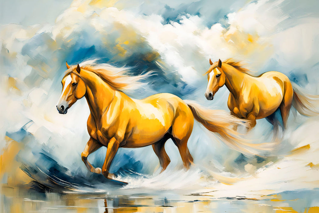 Premium Textil-Leinwand Zwei Braune Pferde im Wellentanz