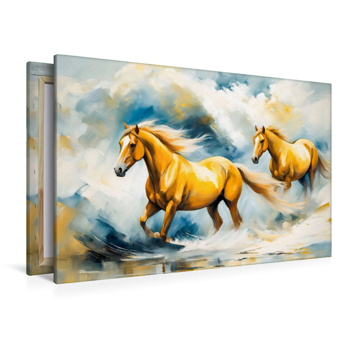Premium Textil-Leinwand Zwei Braune Pferde im Wellentanz