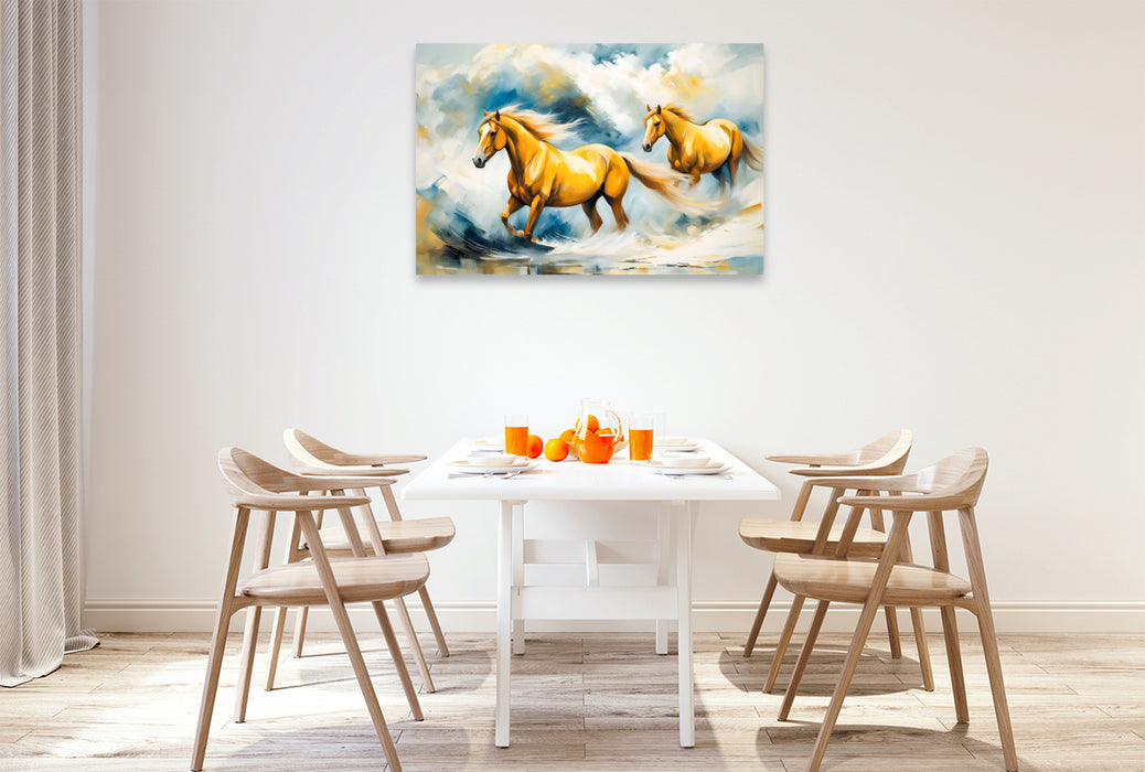 Premium Textil-Leinwand Zwei Braune Pferde im Wellentanz