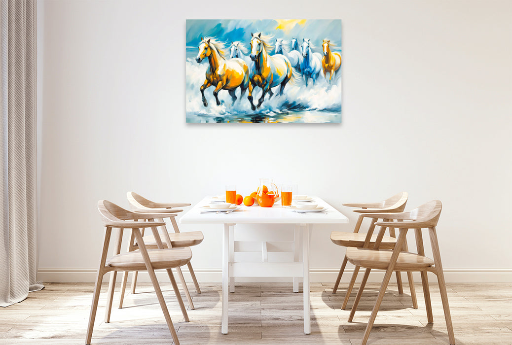 Premium Textil-Leinwand Wildpferde im Morgenlicht am Meer