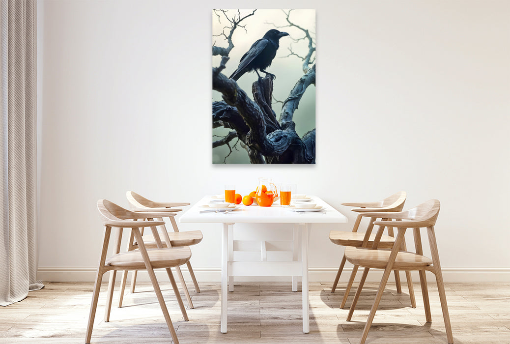 Premium Textil-Leinwand Das Geheimnis der Nebelnacht – Ein Rabe im Schatten der Stille