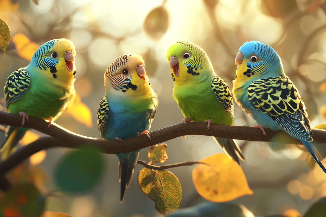 Premium Textil-Leinwand Soziale Medien - Wellensittiche beim Austausch von Neuigkeiten