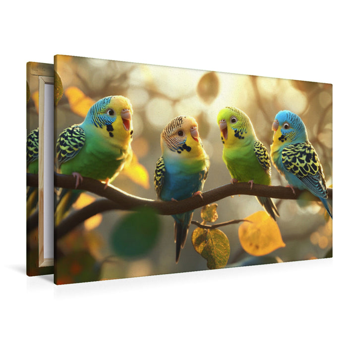 Premium Textil-Leinwand Soziale Medien - Wellensittiche beim Austausch von Neuigkeiten