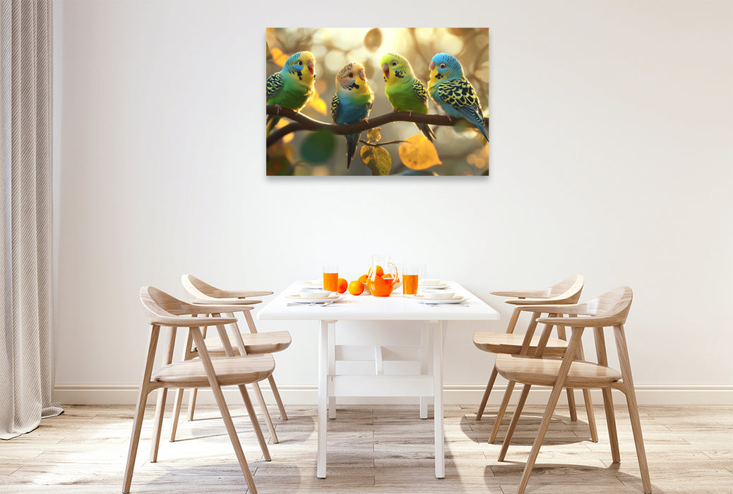 Premium Textil-Leinwand Soziale Medien - Wellensittiche beim Austausch von Neuigkeiten